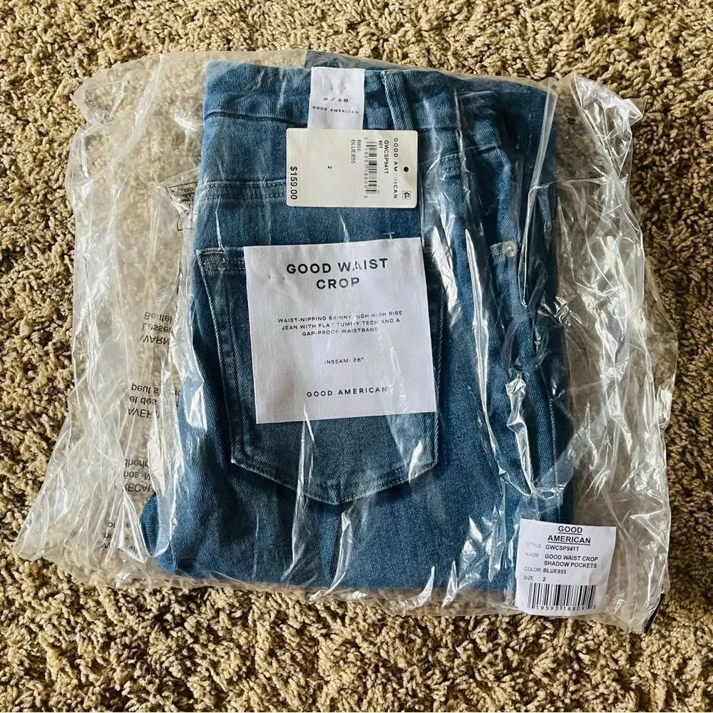 NEW GOOD AMERICAN Good Waist Crop Jean - Shadow Pockets Blue 855 Size 2